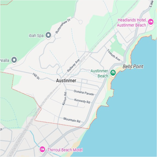 Map showing the Austinmer, NSW suburb boundary