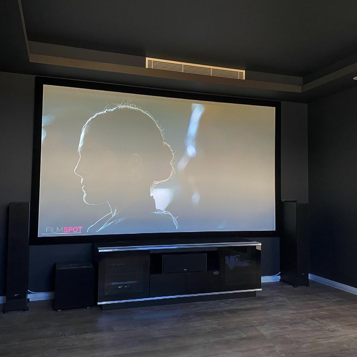 Dedicated home theatre room with large projector screen and speakers