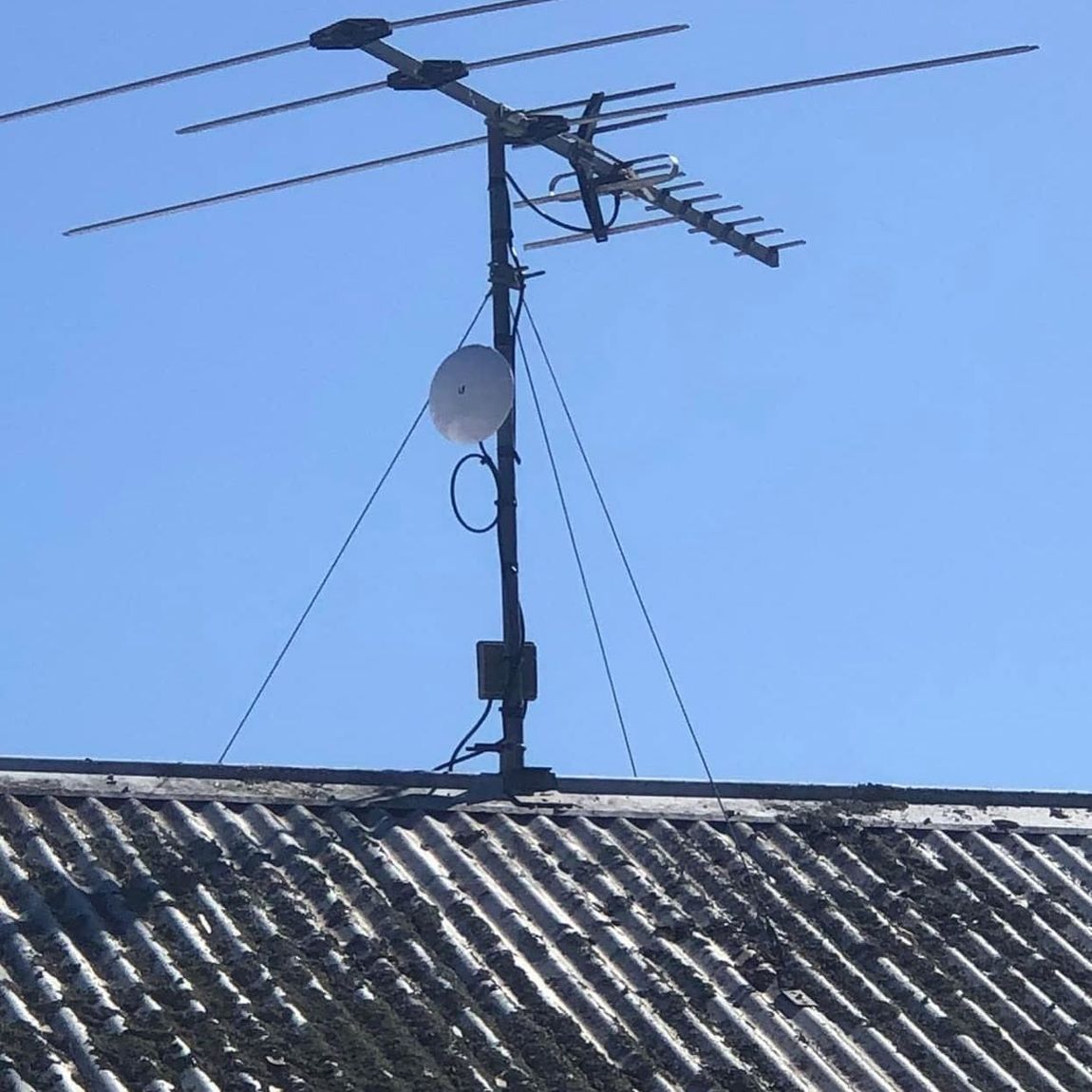Wireless dish and panel antennas installed on a rooftop
