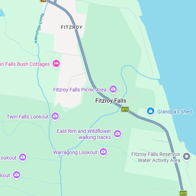 Map showing the Fitzroy Falls, NSW suburb boundary