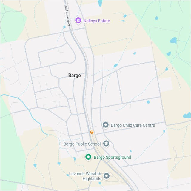 Map showing the Bargo, NSW suburb boundary
